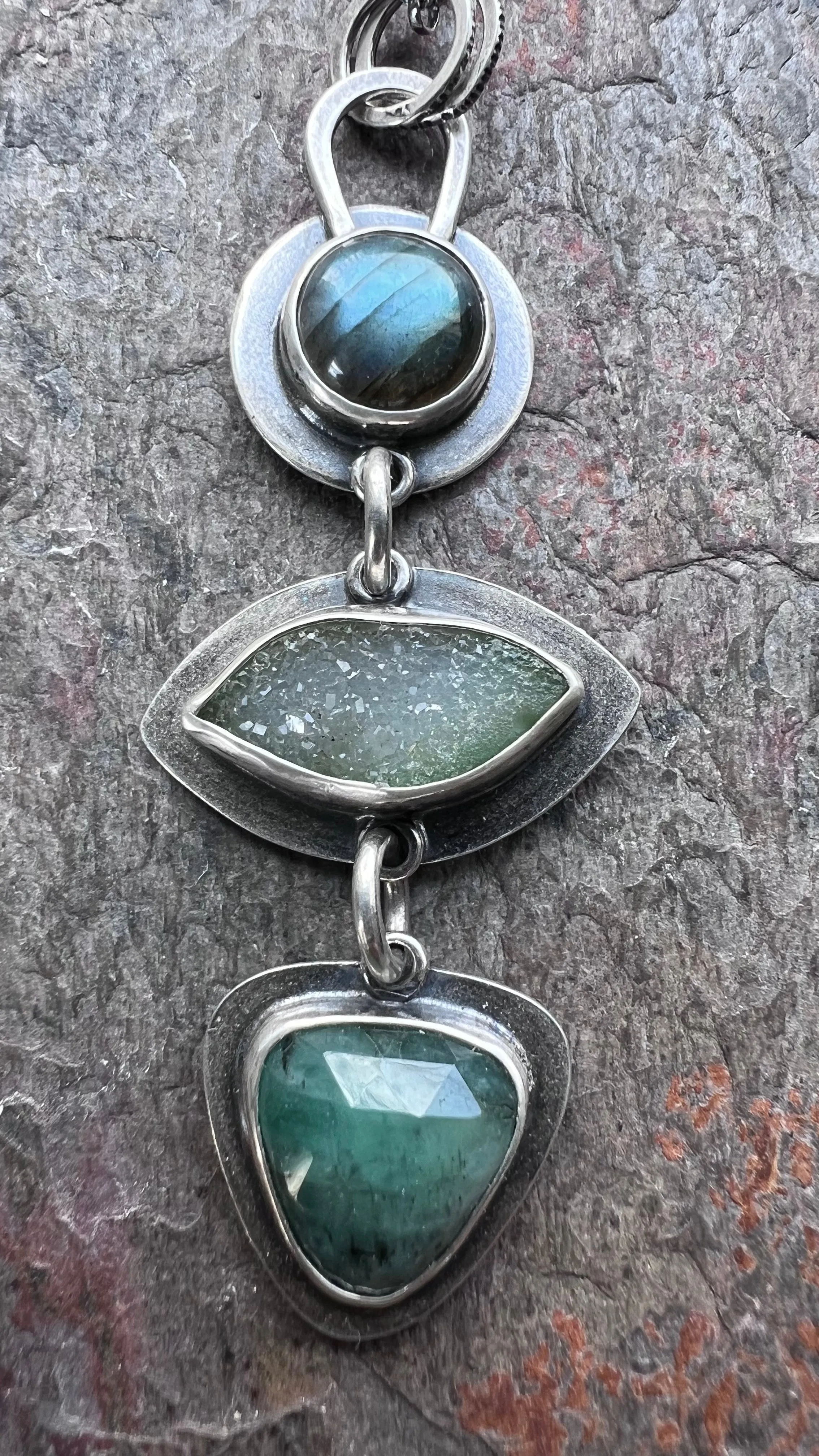 SOLD Sterling Silver Labradorite, Druzy, and Emerald Necklace - Handmade One-of-a-kind Pendant on Sterling Silver Chain