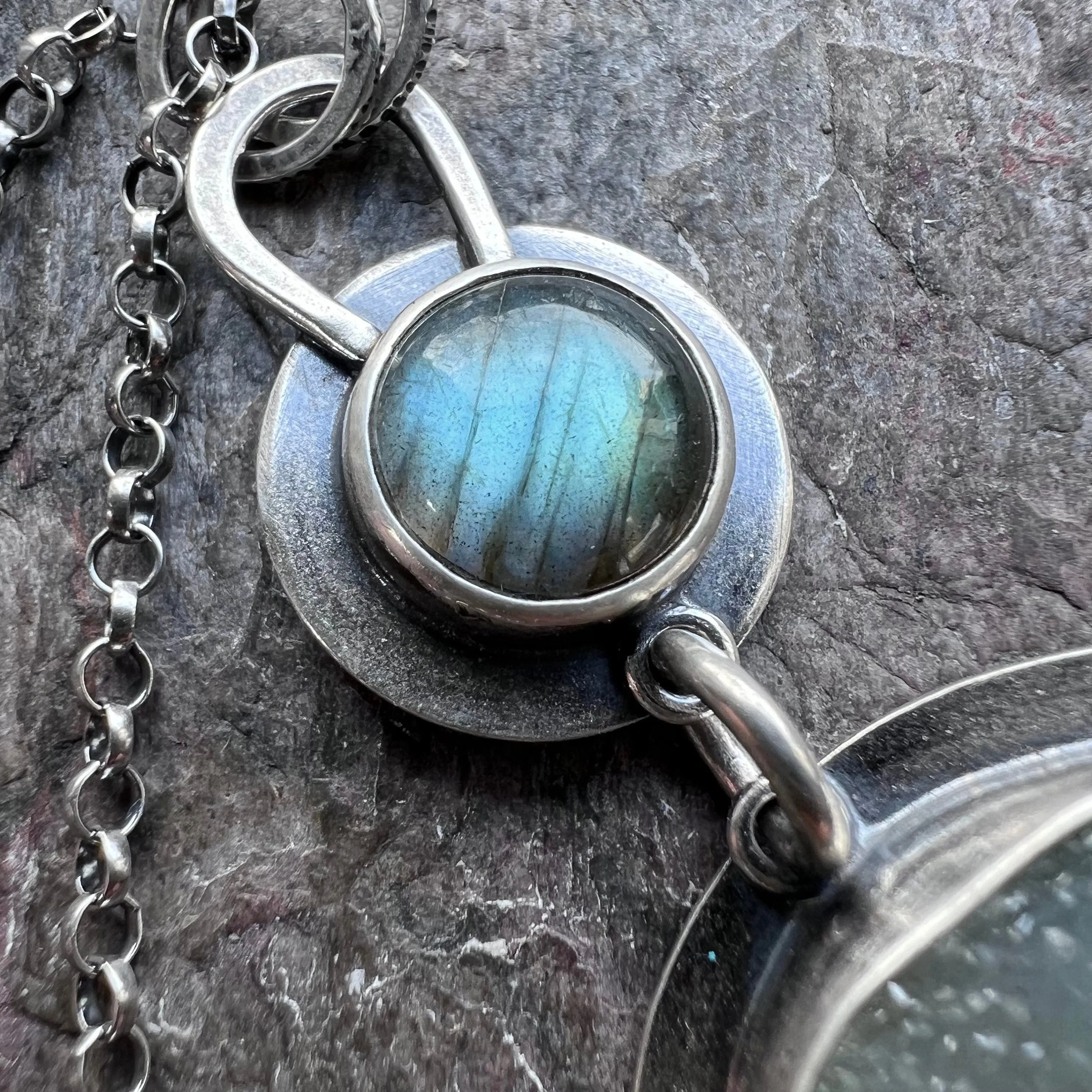 SOLD Sterling Silver Labradorite, Druzy, and Emerald Necklace - Handmade One-of-a-kind Pendant on Sterling Silver Chain