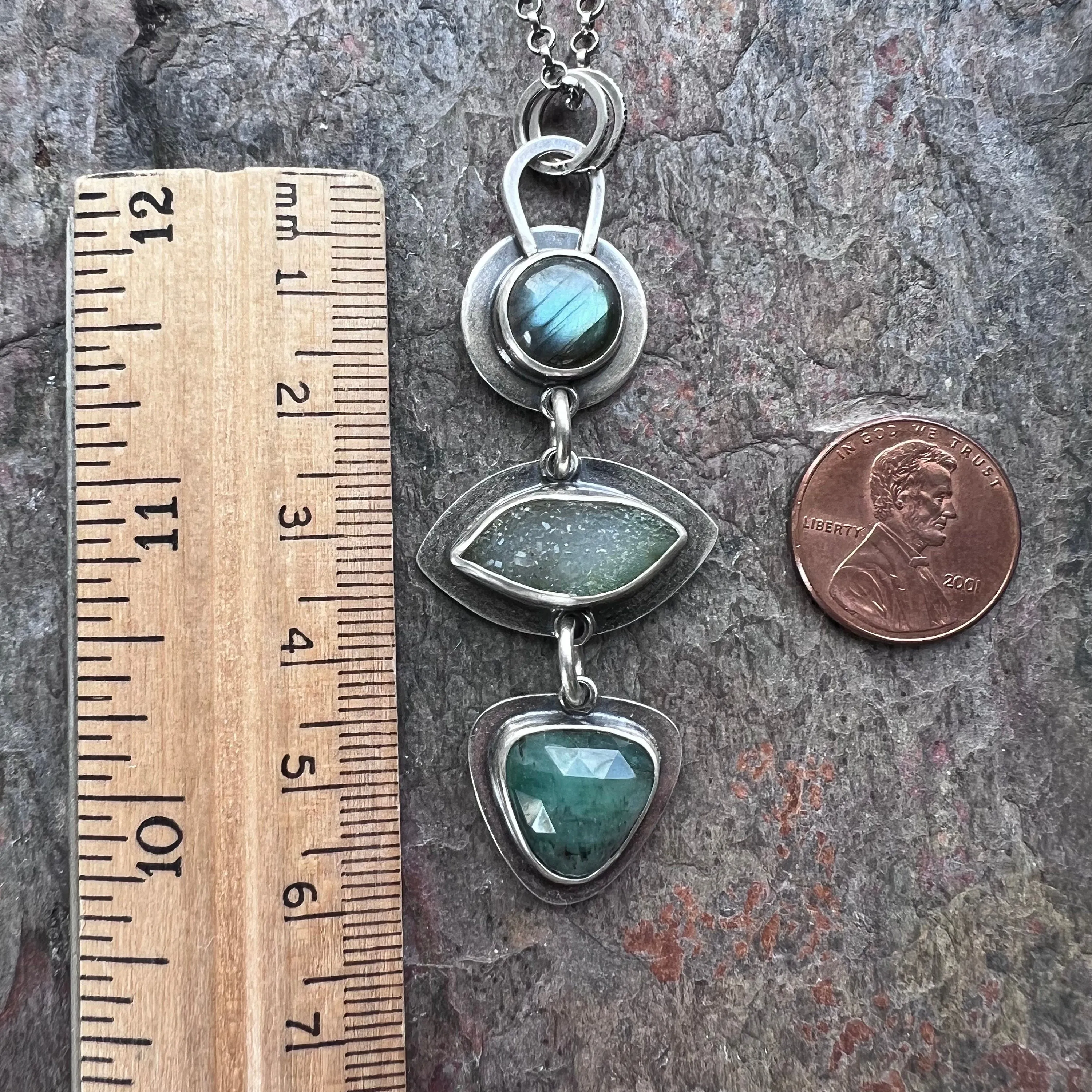 SOLD Sterling Silver Labradorite, Druzy, and Emerald Necklace - Handmade One-of-a-kind Pendant on Sterling Silver Chain