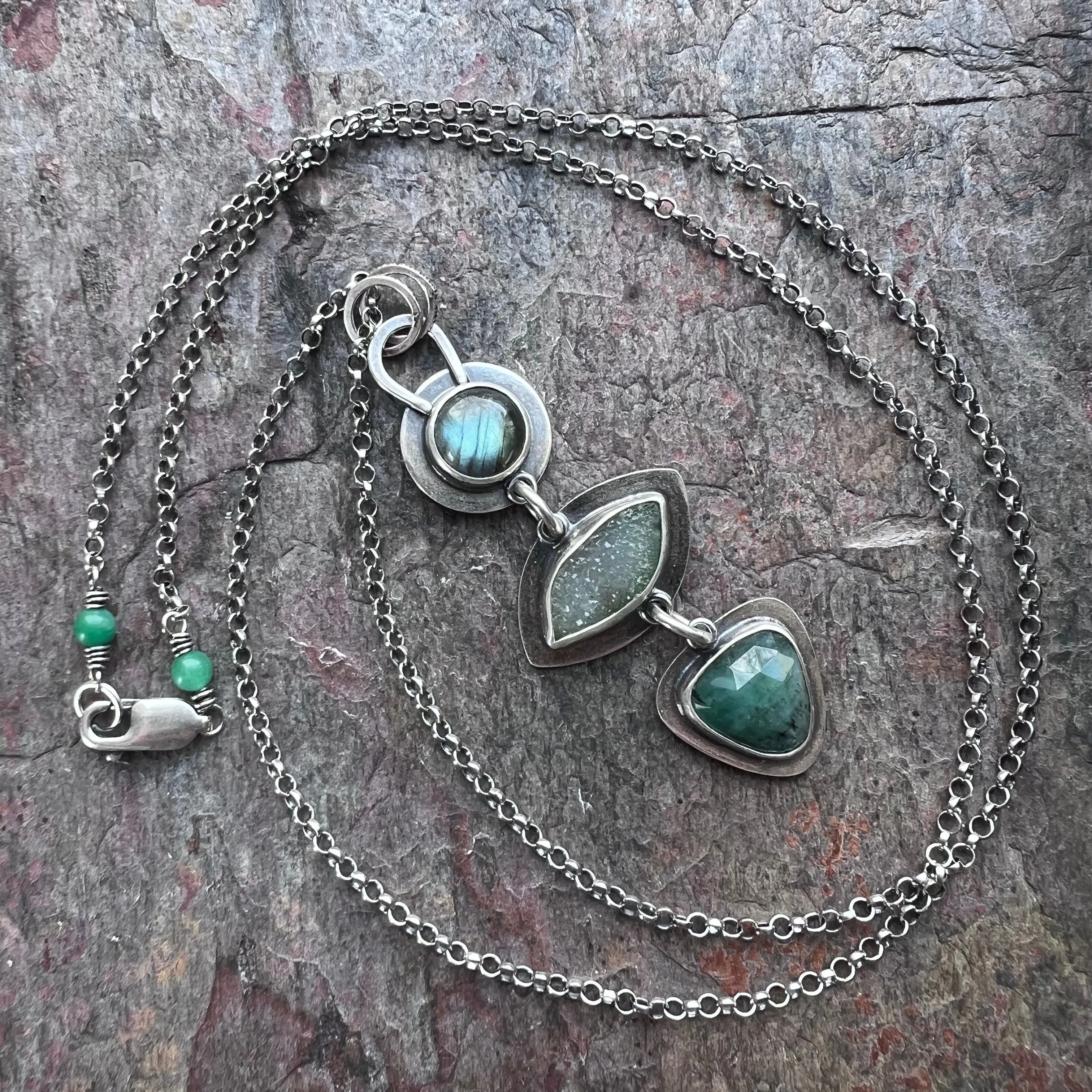 SOLD Sterling Silver Labradorite, Druzy, and Emerald Necklace - Handmade One-of-a-kind Pendant on Sterling Silver Chain
