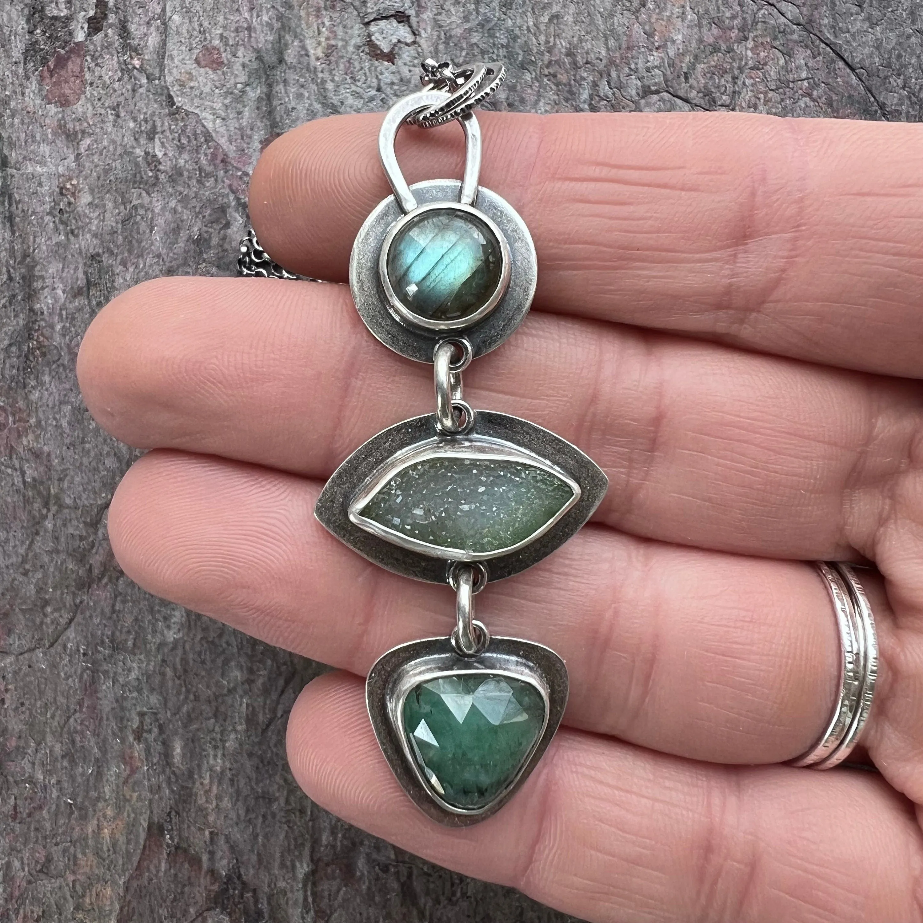 SOLD Sterling Silver Labradorite, Druzy, and Emerald Necklace - Handmade One-of-a-kind Pendant on Sterling Silver Chain