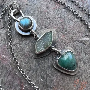 SOLD Sterling Silver Labradorite, Druzy, and Emerald Necklace - Handmade One-of-a-kind Pendant on Sterling Silver Chain