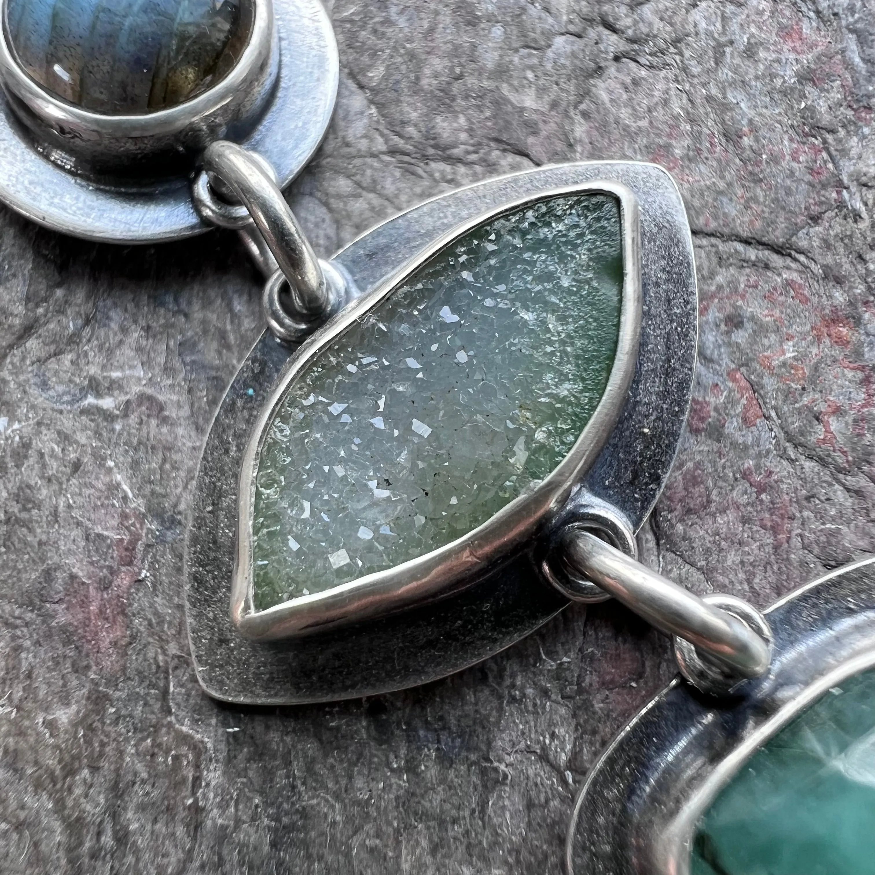SOLD Sterling Silver Labradorite, Druzy, and Emerald Necklace - Handmade One-of-a-kind Pendant on Sterling Silver Chain