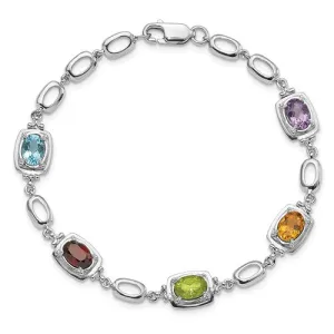 Sterling Silver Multi Rainbow Genuine Gemstone Link Bracelet