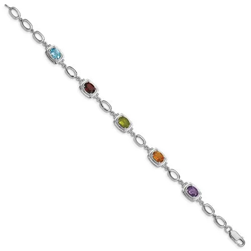 Sterling Silver Multi Rainbow Genuine Gemstone Link Bracelet