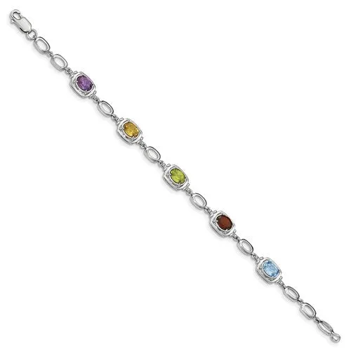 Sterling Silver Multi Rainbow Genuine Gemstone Link Bracelet