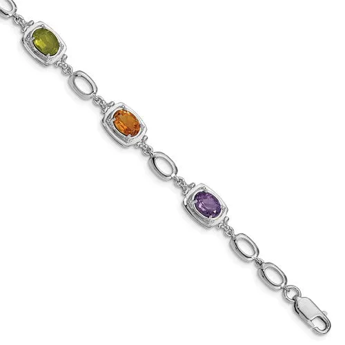 Sterling Silver Multi Rainbow Genuine Gemstone Link Bracelet