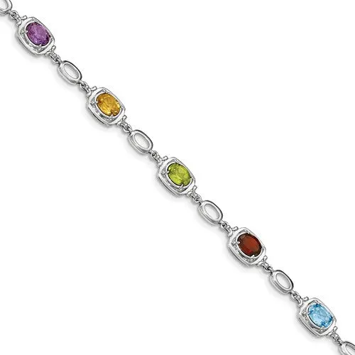 Sterling Silver Multi Rainbow Genuine Gemstone Link Bracelet