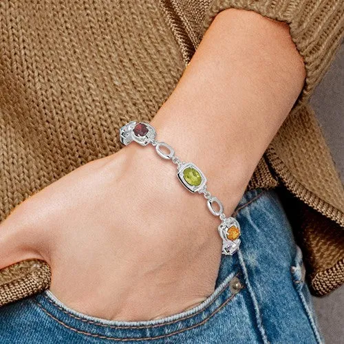Sterling Silver Multi Rainbow Genuine Gemstone Link Bracelet