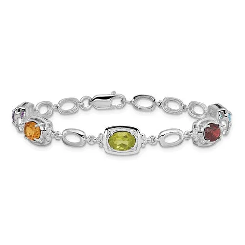 Sterling Silver Multi Rainbow Genuine Gemstone Link Bracelet