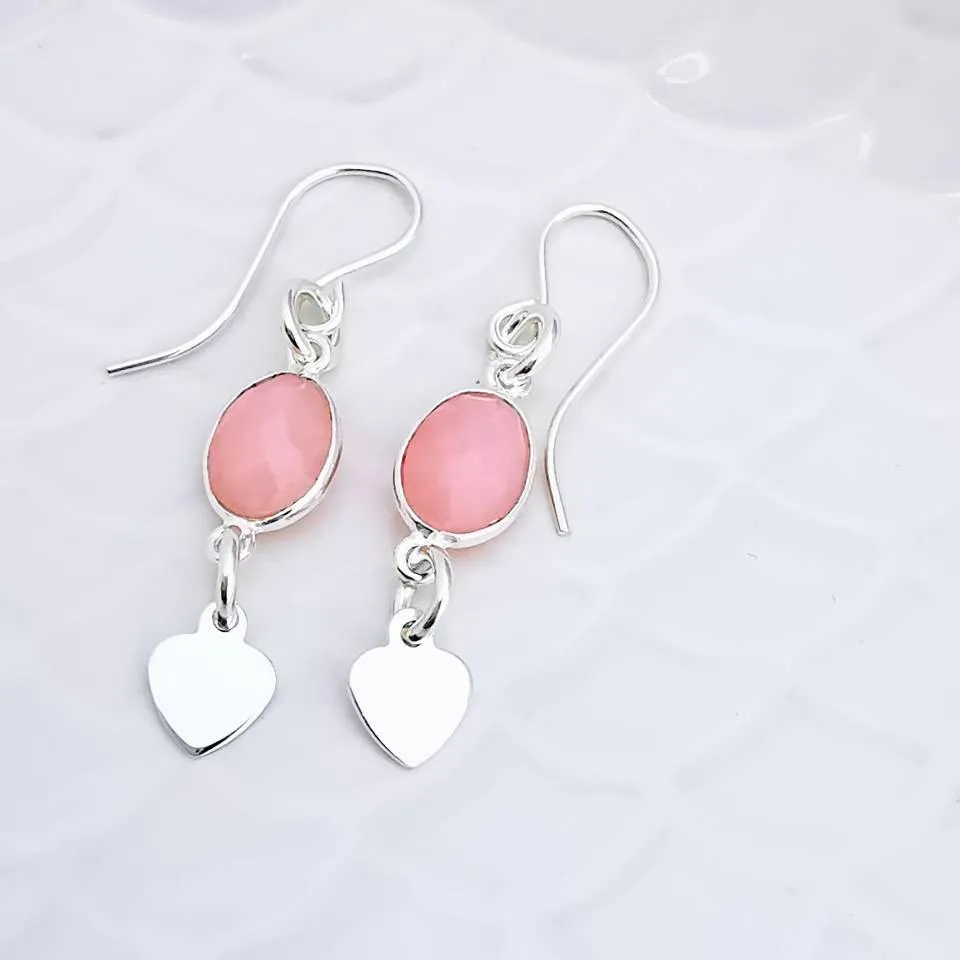Sterling Silver Oval Pink Opal and Silver Heart Dangle Earrings