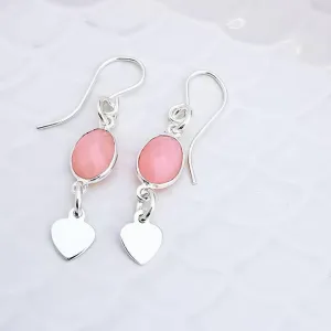 Sterling Silver Oval Pink Opal and Silver Heart Dangle Earrings