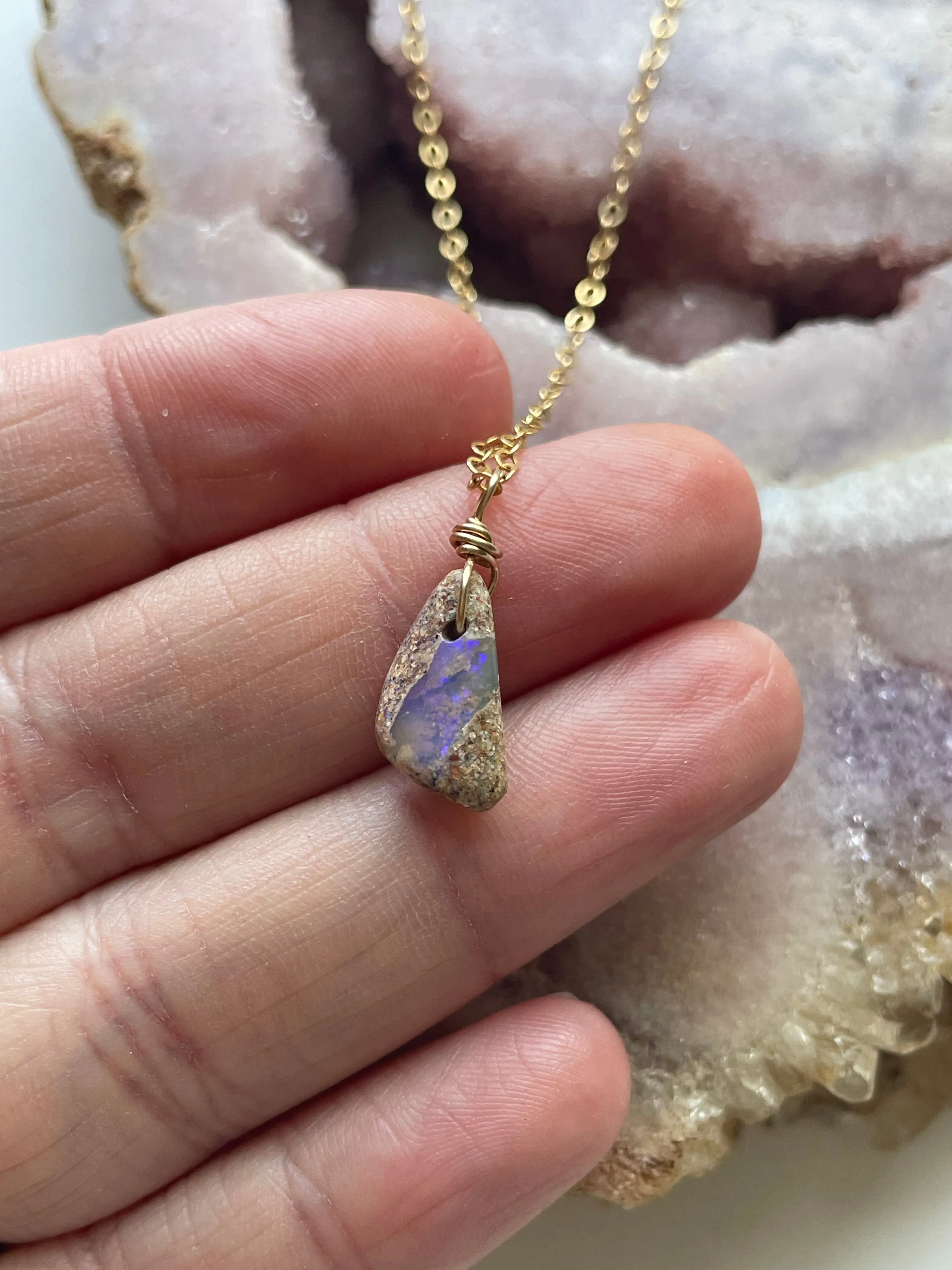 Tiny Australian Opal Pendant Necklace Gold Fill