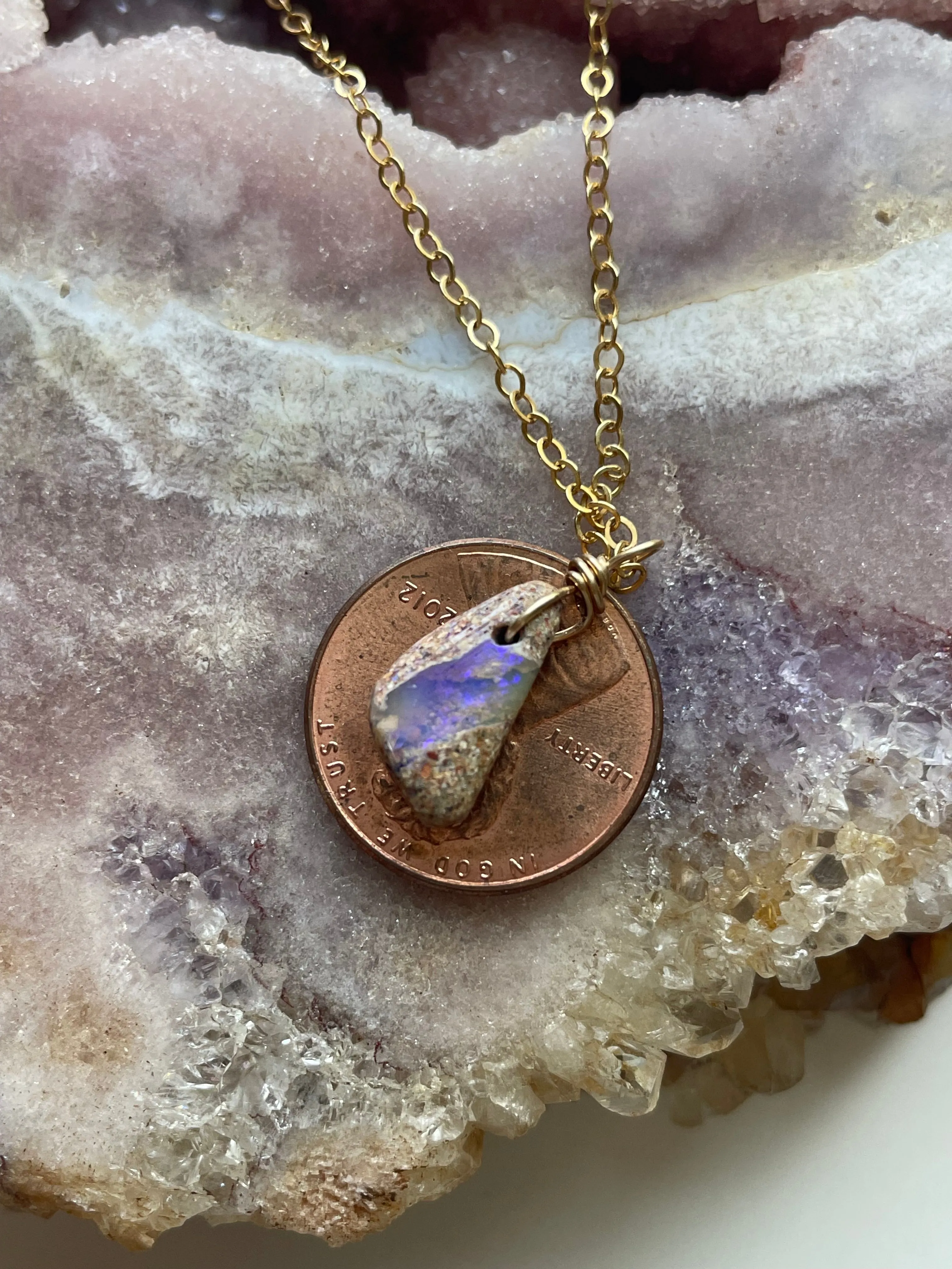 Tiny Australian Opal Pendant Necklace Gold Fill