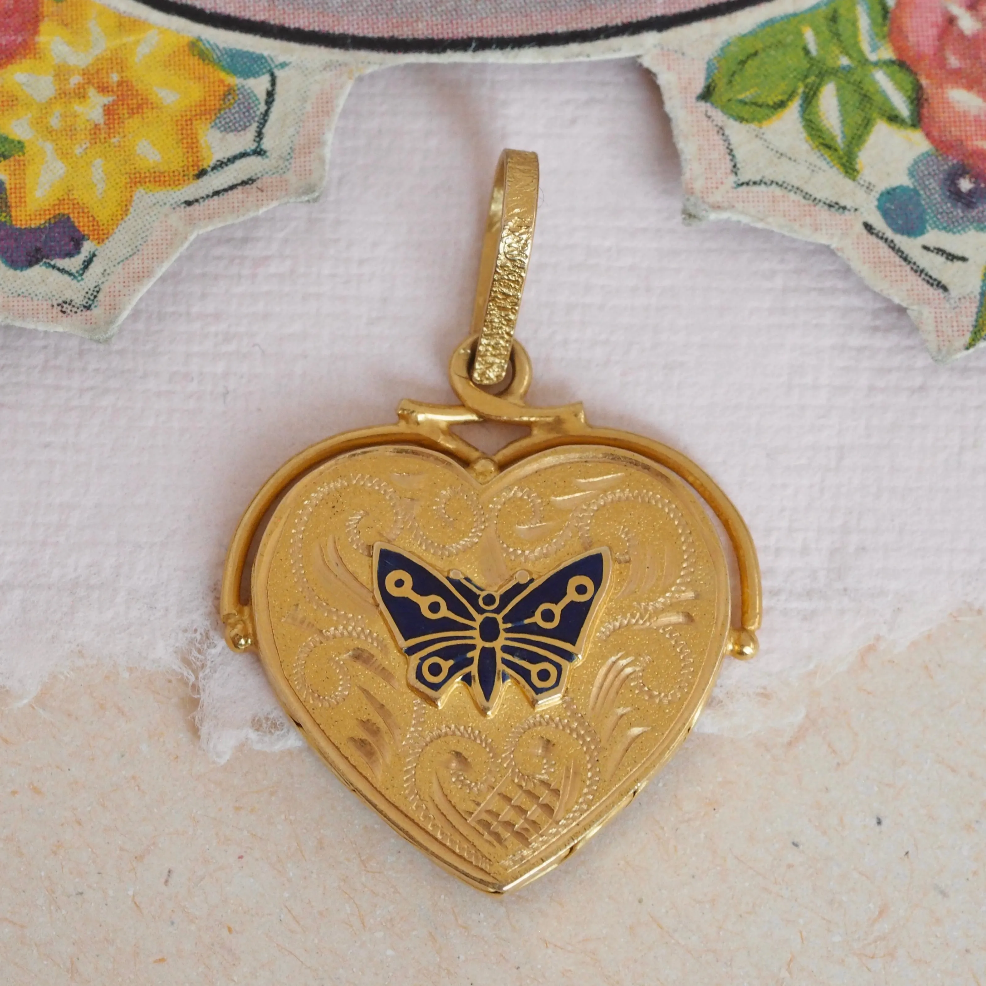 Vintage Portuguese 19k Gold and Enamel Butterfly Pendant