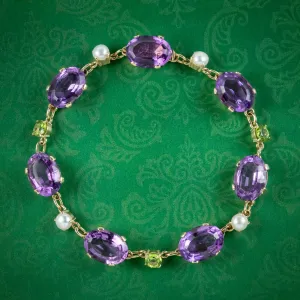 Vintage Scottish Suffragette Bracelet Amethyst Pearl Peridot 9ct Gold Dated 1967