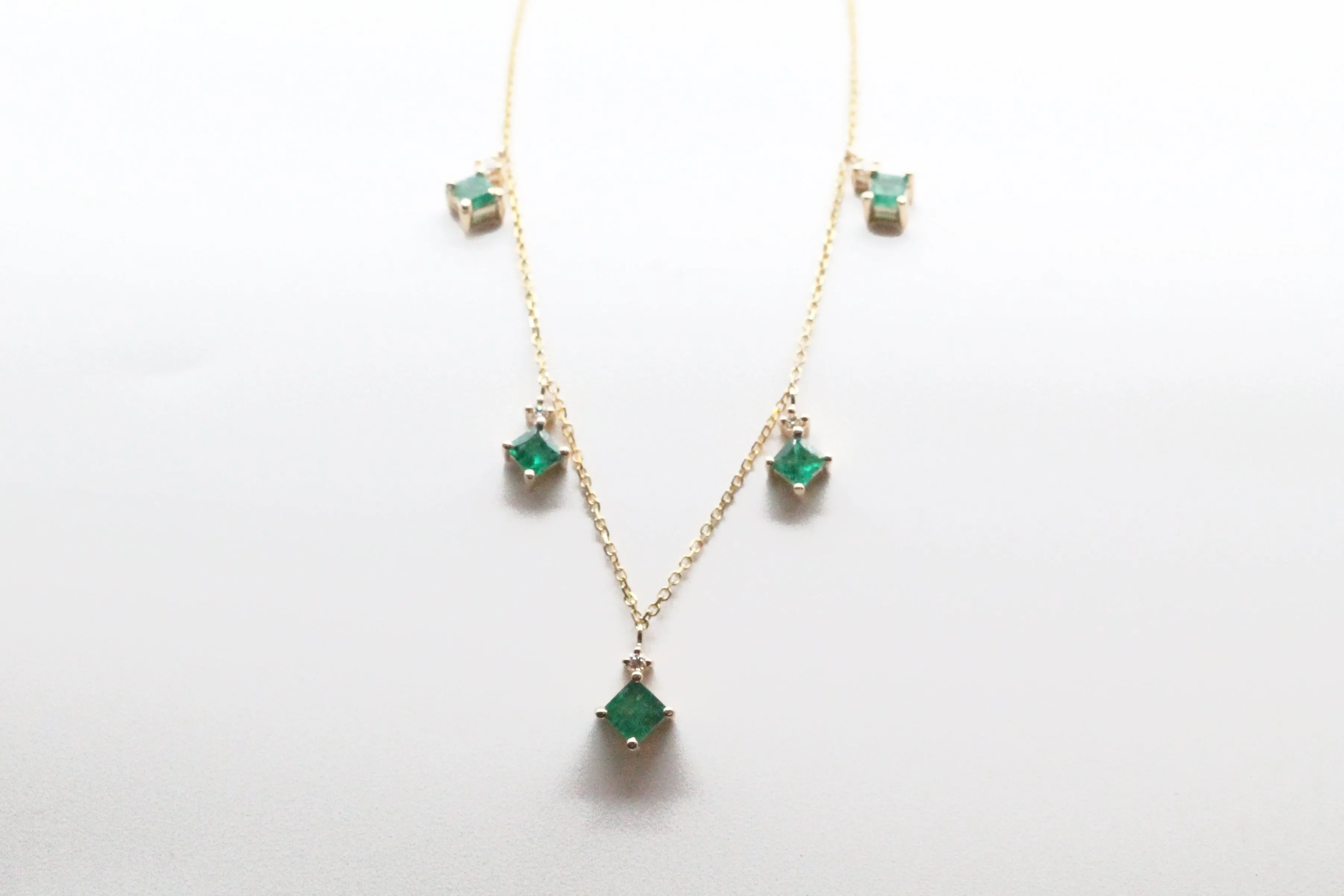 Yellow Gold Emerald and Diamond Station Necklace